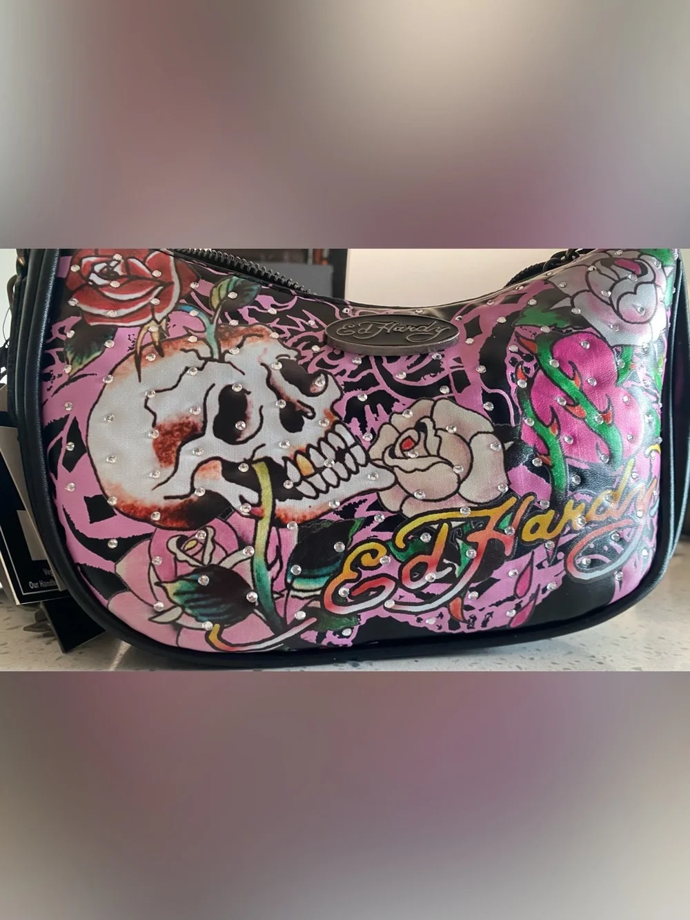 Ed Hardy Y2K slouchy Skull & Rose Crystal Studded Hobo Shoulder bag
